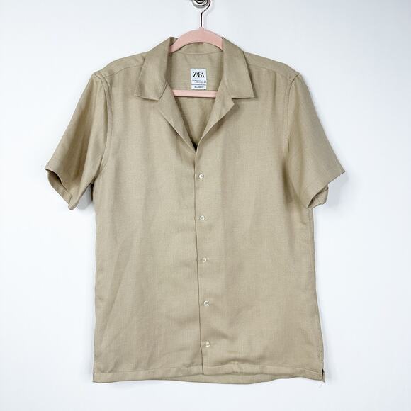 2/$30 ZARA Men Short Sleee Button Down Shirt Tan Medium #8339 - Picture 5 of 9